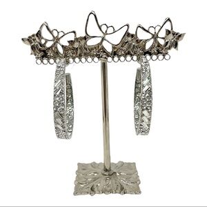 Clear Rhinestone Hoops Earrings Silver Tone